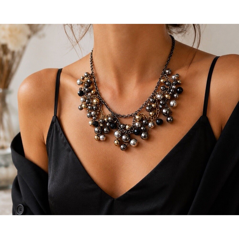 Vintage Chunky Mixed Metal Bead Statement Necklace Black Crystal Bib Collar 17”